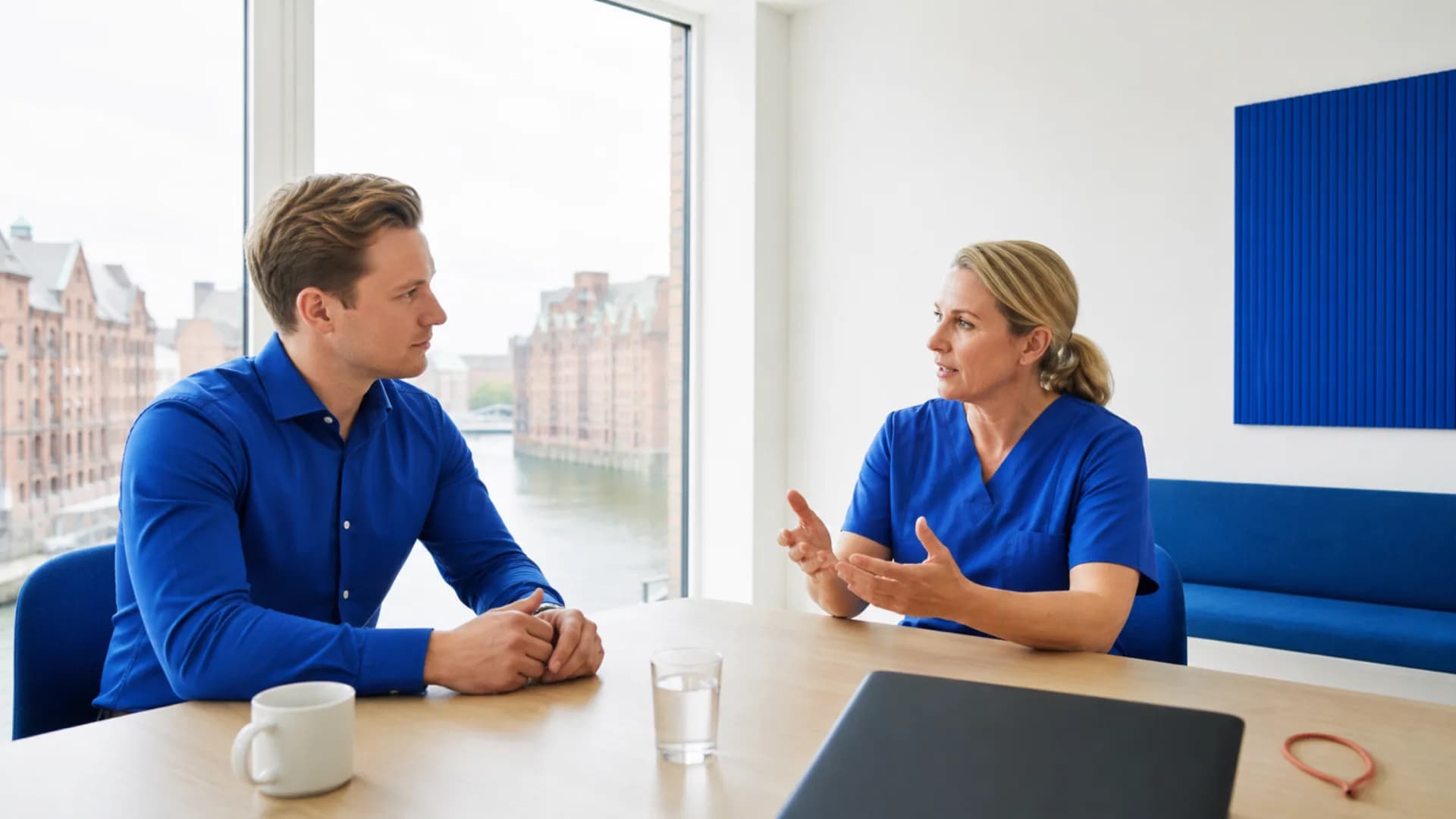 A Dudoxx specialist listens to a clinic director beside a Hamburg canal view
