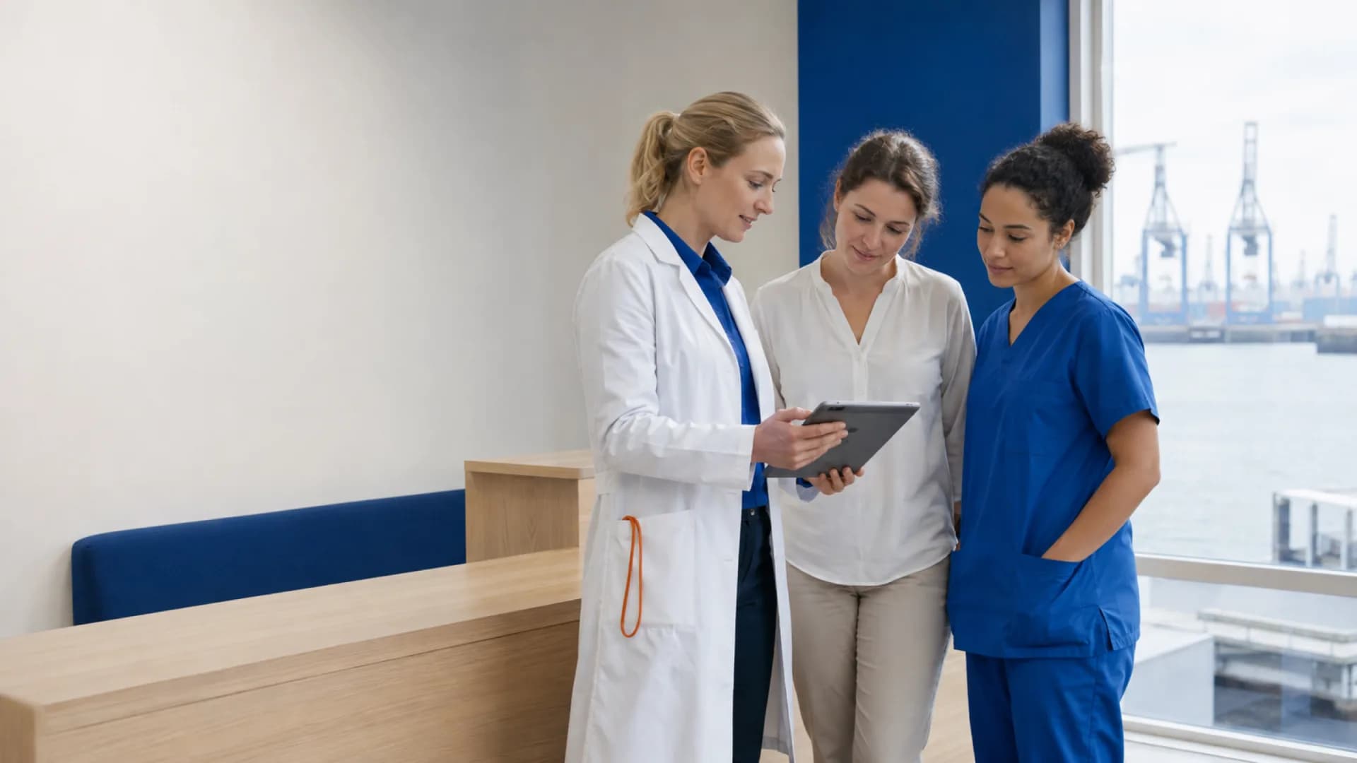 An implementation specialist guides a clinic manager and nurse through a calm rollout workshop