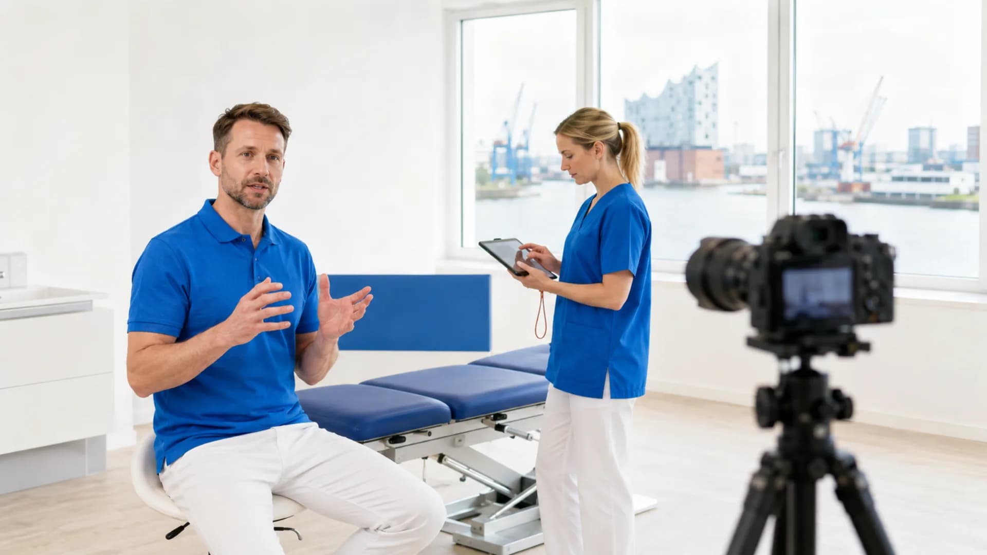 Two clinicians recording a practical Dudoxx demonstration with Hamburg harbour behind them