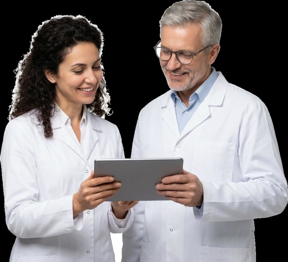 Ein Team von Gesundheits-IT-Spezialisten bei der Zusammenarbeit