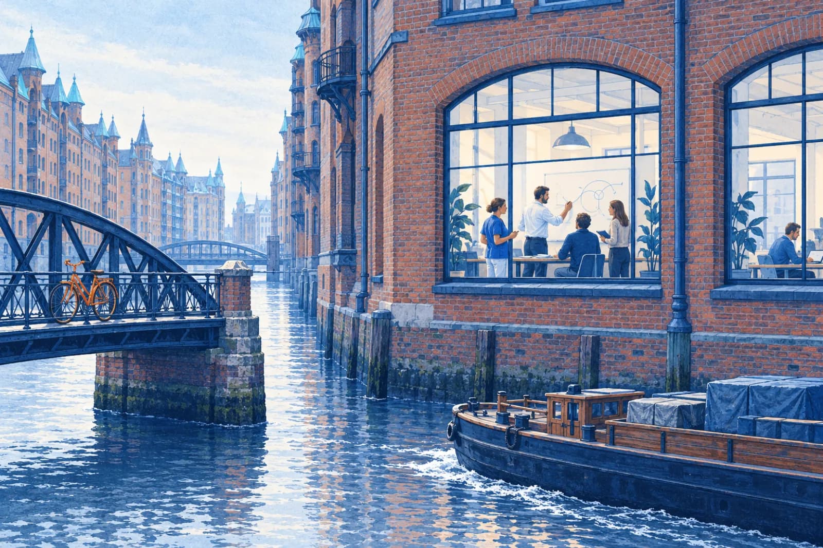 Un equipo diverso de Dudoxx junto a la Speicherstadt de Hamburgo con la Elbphilharmonie al fondo