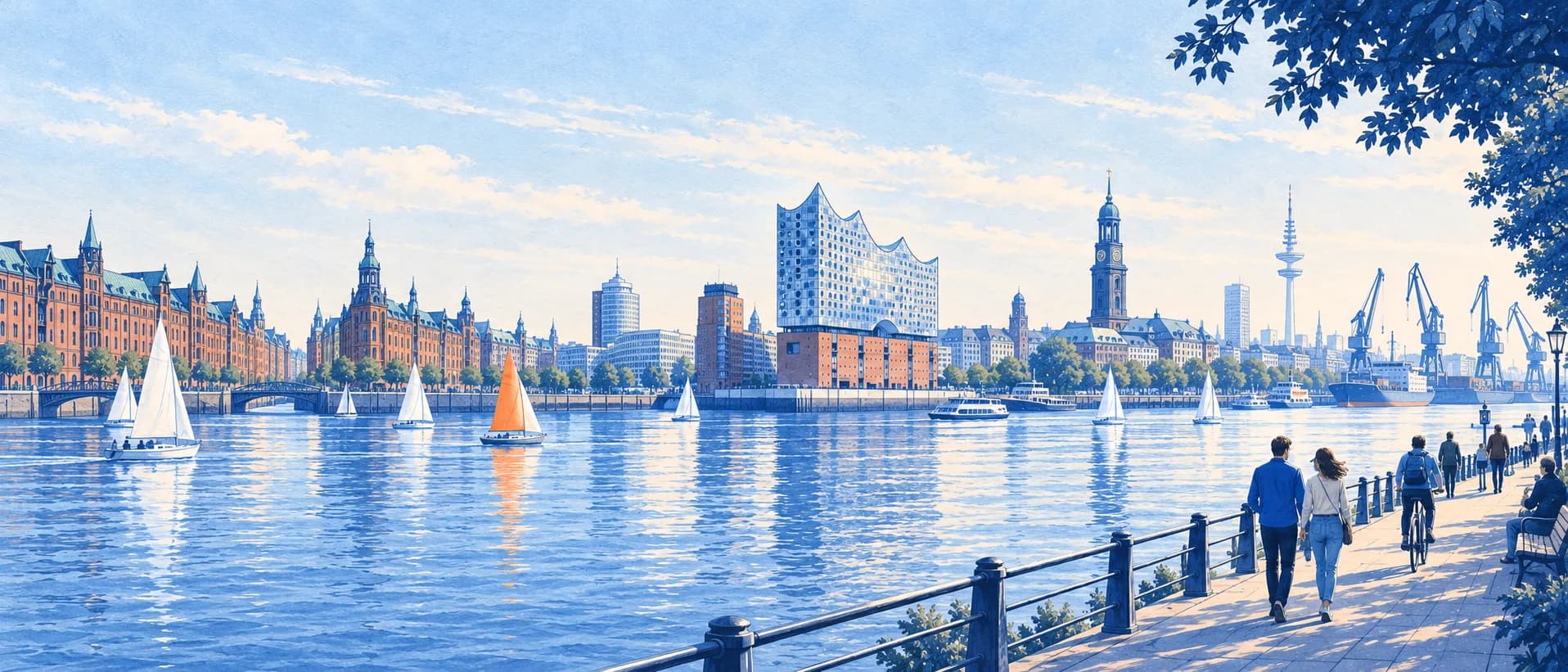 Panorama illustré de Hambourg : les entrepôts de la Speicherstadt, l’Elbphilharmonie, le clocher du Michel et des voiliers sur l’eau.