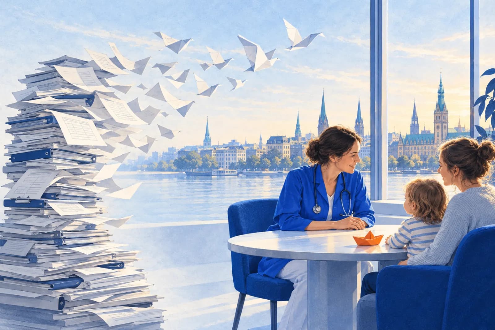 Illustration : une pile de paperasse se transforme en oiseaux de papier pendant qu’une médecin accorde toute son attention à une mère et son enfant, près d’une fenêtre donnant sur Hambourg.
