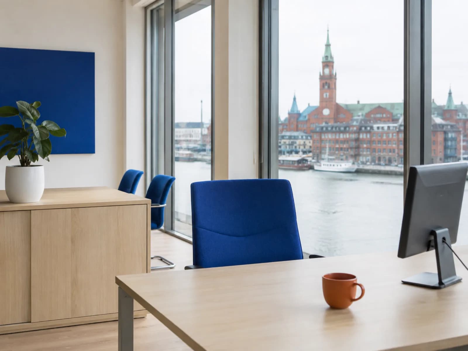 Modern office overlooking the Elbe river in Hamburg