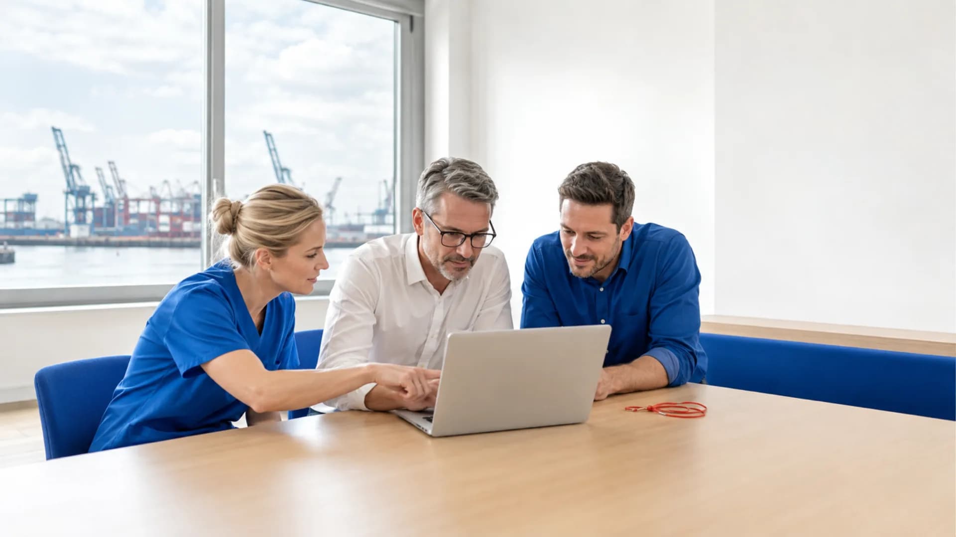 Clinical and technology partners shape a shared care workflow overlooking Hamburg harbour