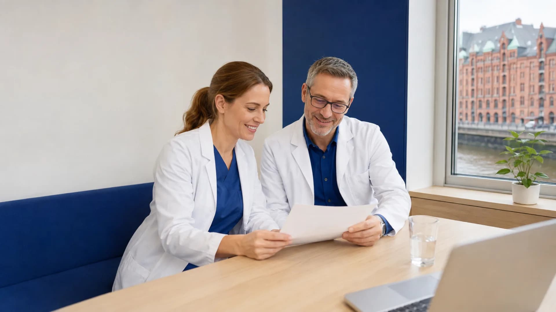 A clinic owner and practice manager review a clear budget with Hamburg’s Speicherstadt outside