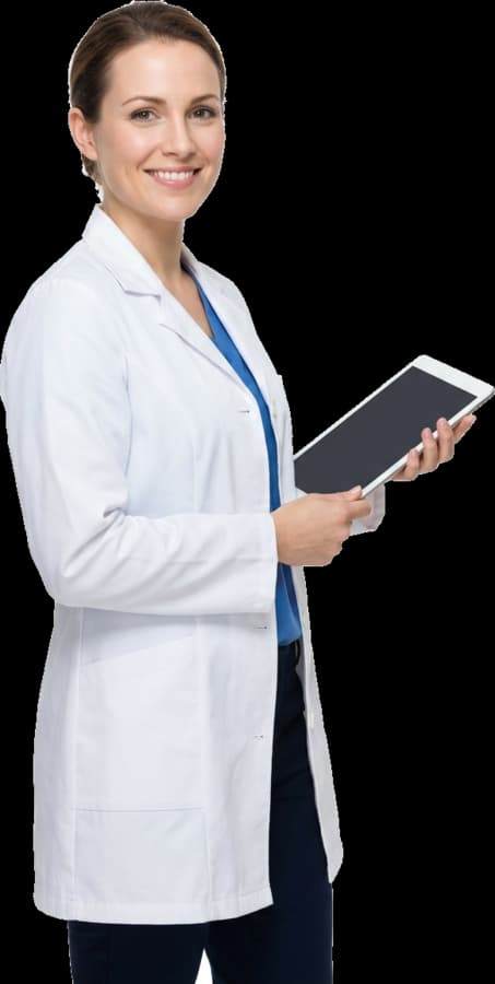 Ärztin prüft die Abrechnung auf einem Tablet
